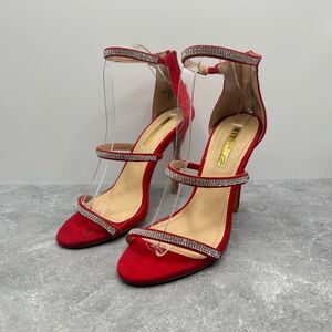 Liliana Red Slingback Strappy Pump High Heels Size 9 Suede Rhinestones Open Toe